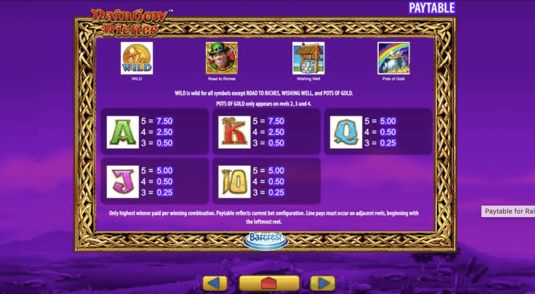 Rainbow Riches Paytable