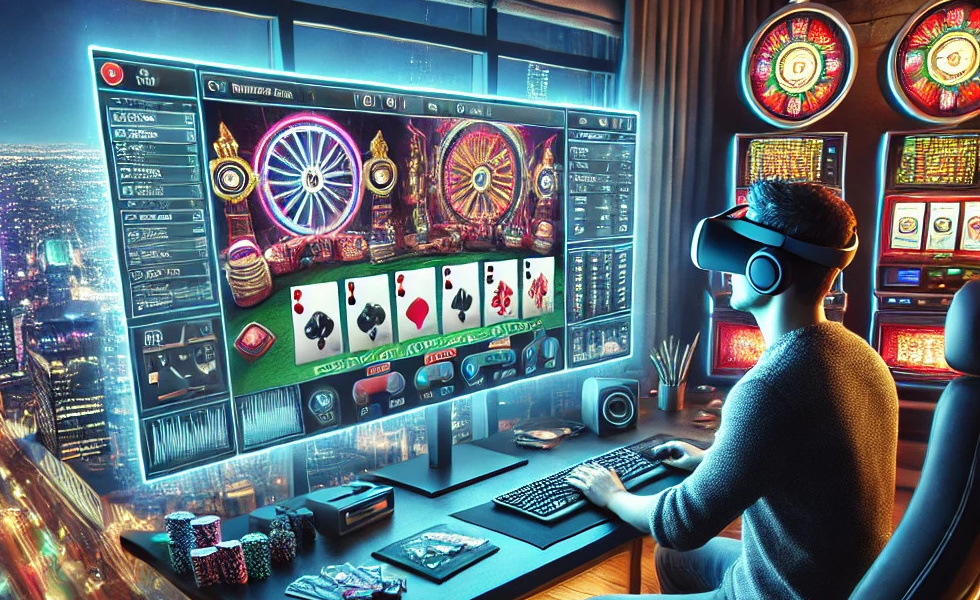 man with VR Headset playing online casino in future