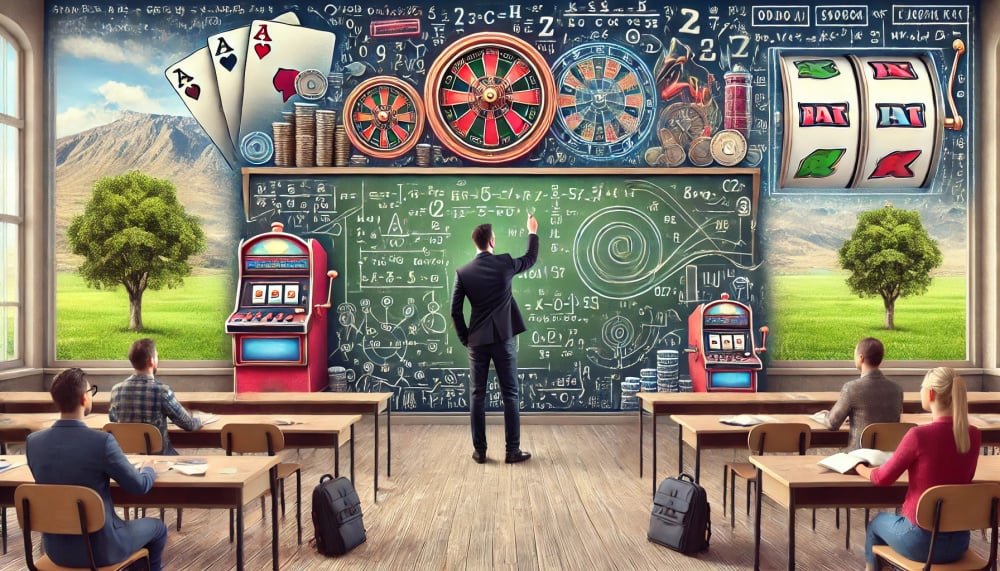 Teacher calculating slot game odds in a classroom