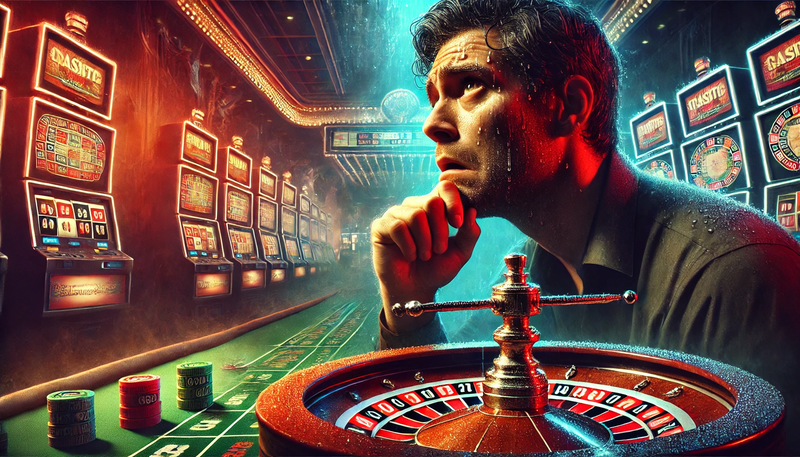 nervous looking man in a casino