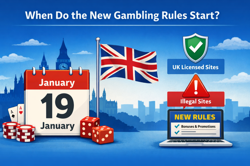 Illustration showing the start date for new UK gambling rules on 19 January, including licensed sites and promotional changes.