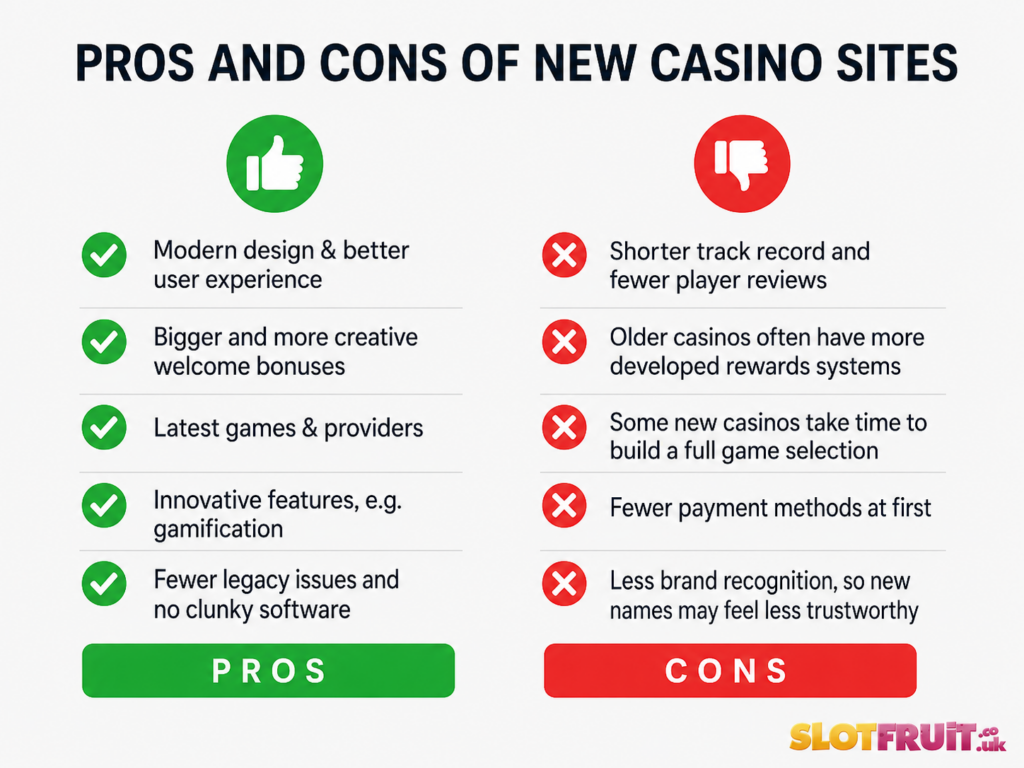 A table displaying the pros and cons of new UK casino sites
