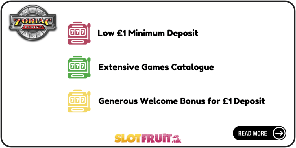 Zodiac Casino best £1 minimum deposit casino site graphic